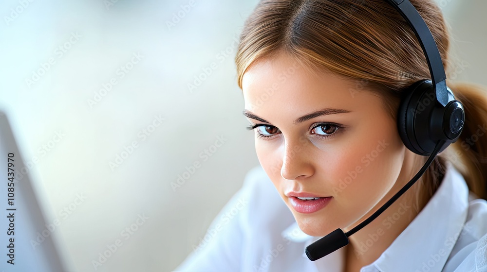 Friendly woman with headset in a call center environment, looking down while typing. Her focus is clear, and background features soft light. Friendly woman with headset in a call center environment, looking down while typing. Her focus is clear, and background features soft light.