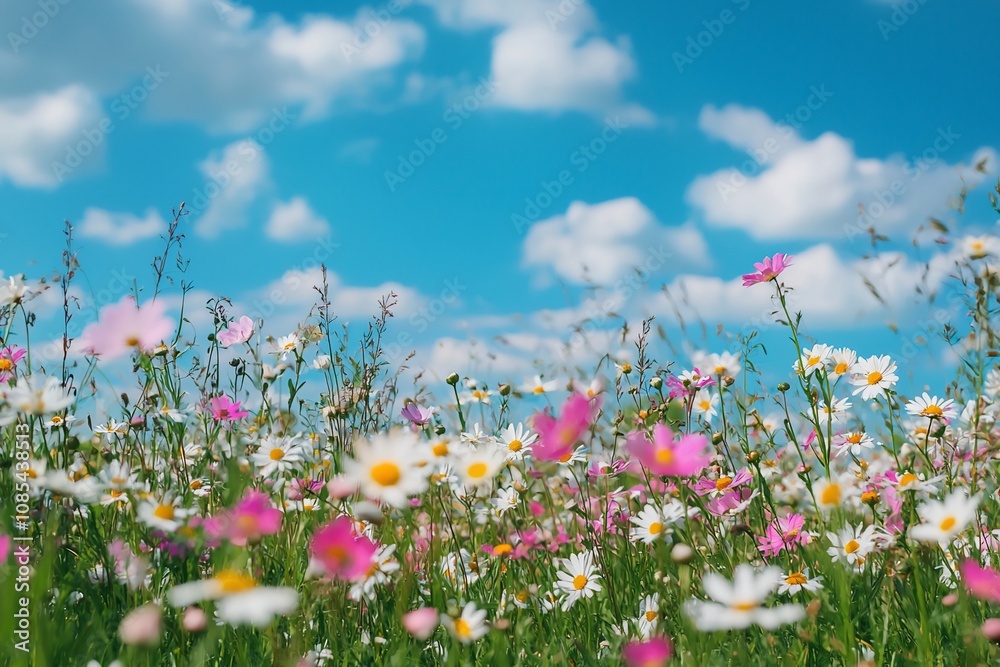 Vibrant Wildflower Meadow Under a Clear Blue Sky Vibrant Wildflower Meadow Under a Clear Blue Sky