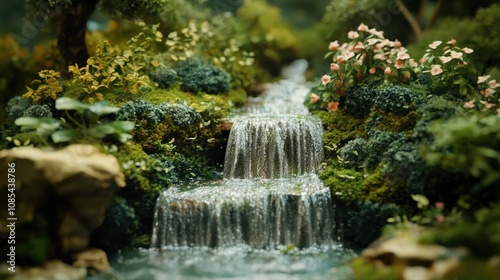 Miniature Waterfall in Lush Greenery