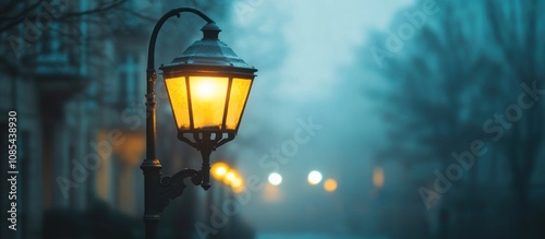 A single street lamp illuminates a foggy street at dusk.