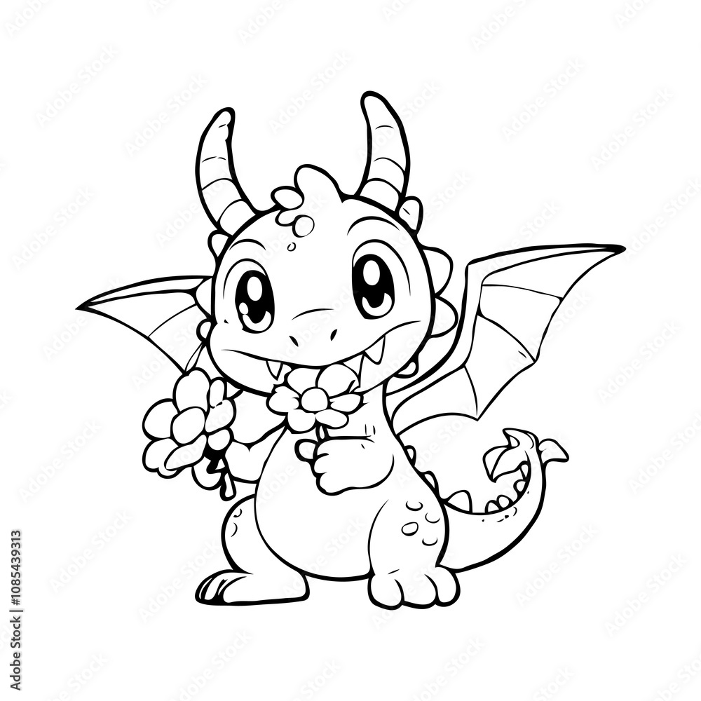 Shy Dragon with a Flower - Cute Coloring Page for Kids Shy Dragon with a Flower - Cute Coloring Page for Kids