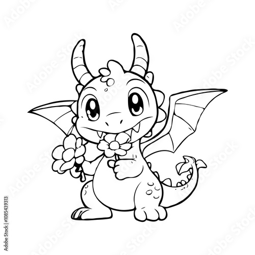 Shy Dragon with a Flower - Cute Coloring Page for Kids