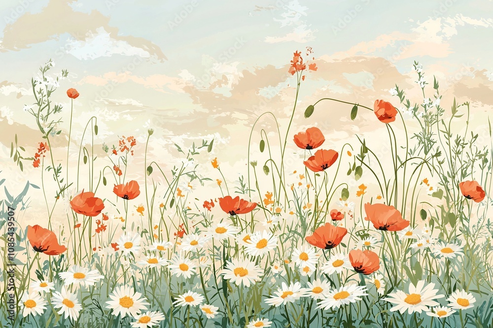 Fototapeta premium Blooming Meadow: A Vibrant Display of Poppies and Daisies Under a Soft Sky