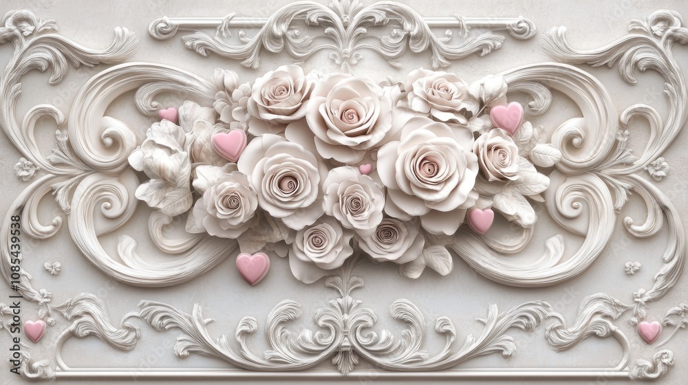 Elegant floral relief featuring roses and hearts in a decorative design. Elegant floral relief featuring roses and hearts in a decorative design.