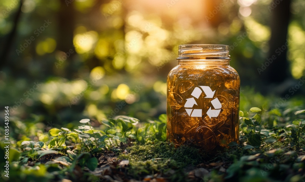 glass jar adorned with the universal recycling symbol, set against a lush forest backdrop, symbolizing eco-friendly packaging solutions for a sustainable, zero waste lifestyle glass jar adorned with the universal recycling symbol, set against a lush forest backdrop, symbolizing eco-friendly packaging solutions for a sustainable, zero waste lifestyle