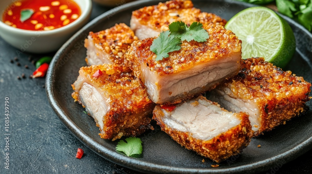 Golden pork belly pieces with a crispy crust, served on a plate with a zesty dipping sauce, alongside fresh lime and chili garnish Golden pork belly pieces with a crispy crust, served on a plate with a zesty dipping sauce, alongside fresh lime and chili garnish