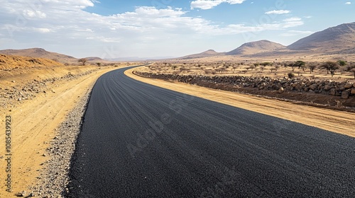 Driving on a brand-new, contemporary asphalt road in Damaraland, Namibia, Africa's desert.