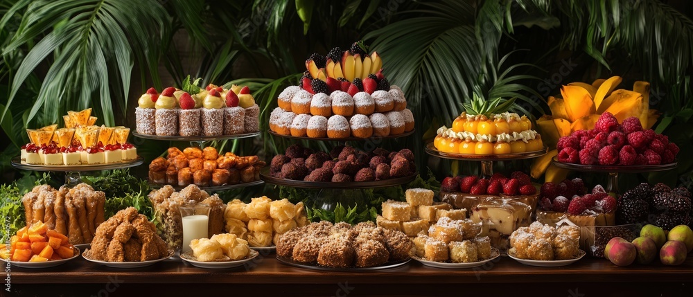 Delicious cakes and pastries displayed on table with tropical background Delicious cakes and pastries displayed on table with tropical background