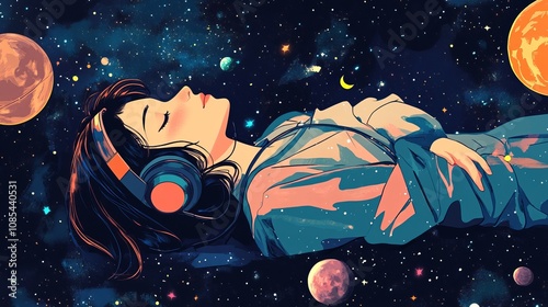 Lofi hip-hop tunes. A study girl relaxing. artwork with planets, stars, and space.Manga, a cartoon illustration of a lovely woman lounging. A lovely anime girl using headphones.