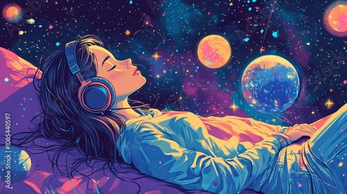 Lofi hip-hop tunes. A study girl relaxing. artwork with planets, stars, and space.Manga, a cartoon illustration of a lovely woman lounging. A lovely anime girl using headphones.
