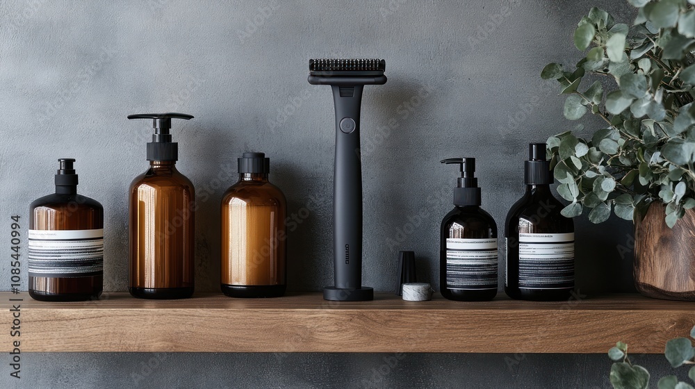 Stylish grooming products on a wooden shelf. Stylish grooming products on a wooden shelf.