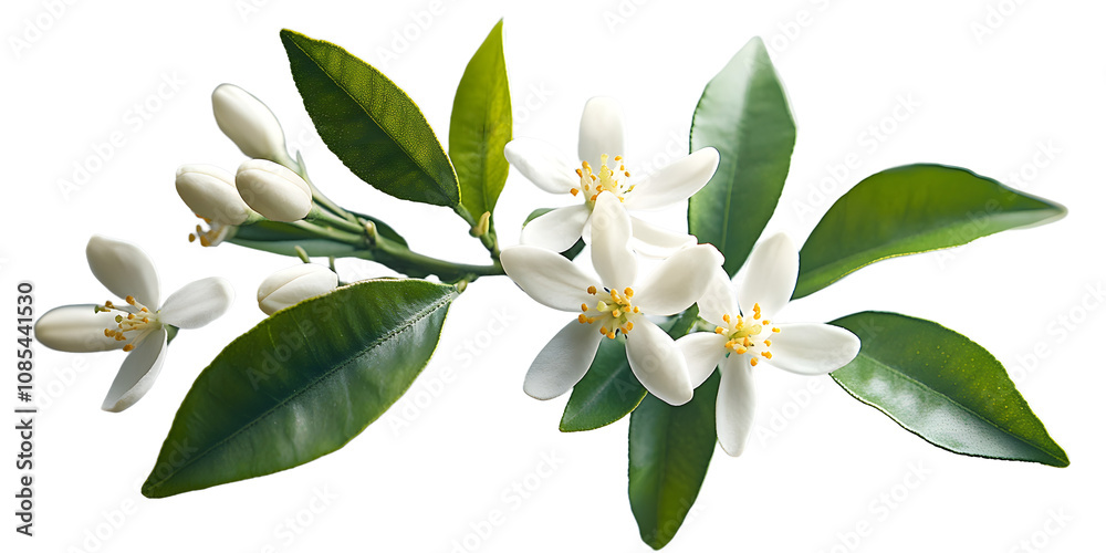 Obraz premium Orange blossom branch with white flowers and leaves isolated on background for a neroli citrus bloom concept , orange blossom