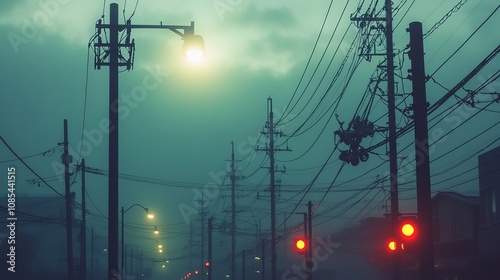 High-power electricity poles in an urban area connected to a smart grid provide energy supply and distribution, transmitting energy through high-voltage lines. 