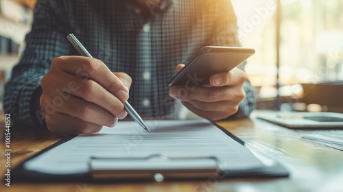 Verification of quality, A businessman creates a list. Evaluation and survey, businessman conducting online survey via smartphone, online digital form checkmark On the test, select the right response.