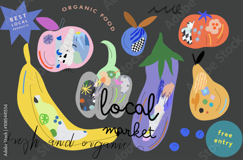 Farm market poster. Vegetables, ftuits, berries