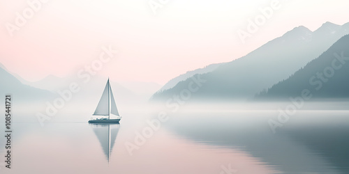 Illustration of a Solitary Boat in Minimalist Chinese Landscape