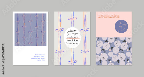 Collection of hand drawn vector invitations and cards with bows
