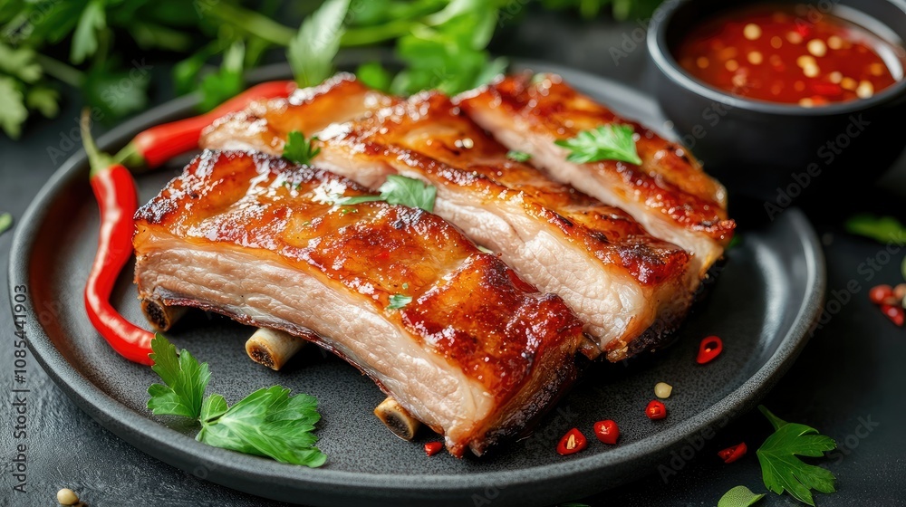 Juicy pork belly with a golden, crispy crust on a plate, served with a dipping sauce, garnished with fresh herbs and chili peppers Juicy pork belly with a golden, crispy crust on a plate, served with a dipping sauce, garnished with fresh herbs and chili peppers