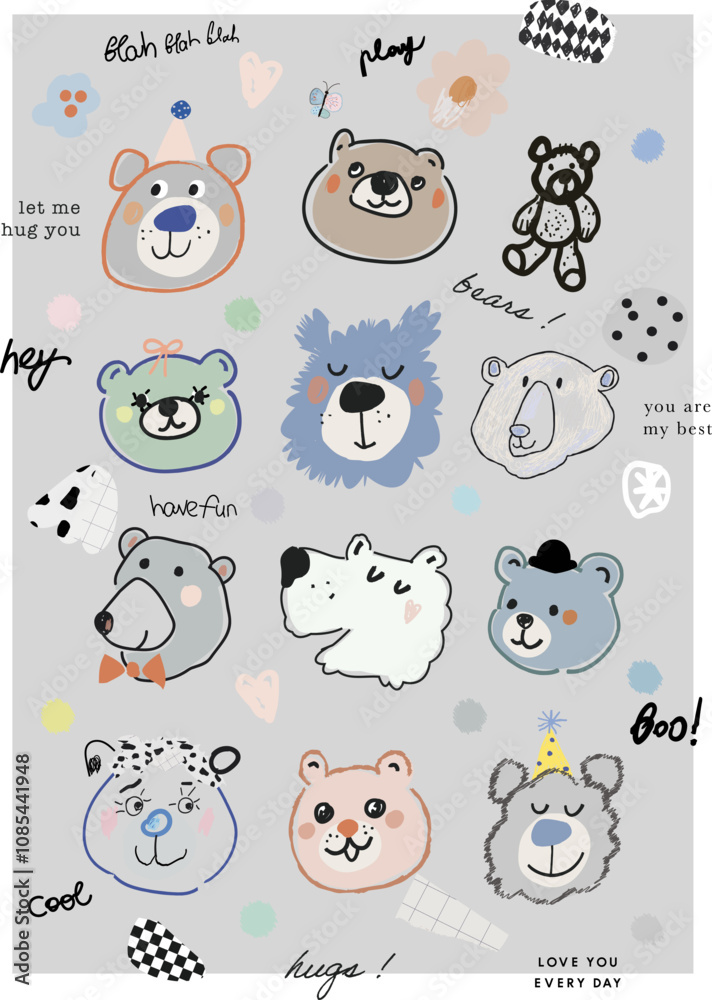 Fototapeta premium Collection of hand drawn cute bears