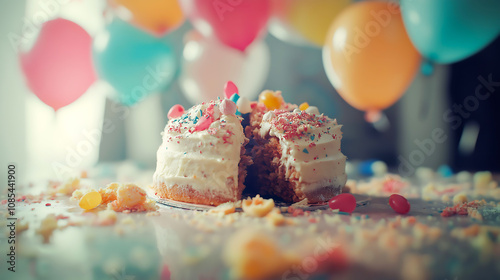 A broken and damaged cake with smudged frosting and pieces crumbling off on a table with colorful balloons on background. Unfortunate or ruined birthday celebration
 photo