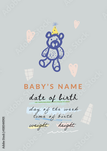 Cute birth poster with bear. Newborn metric. Vector 
