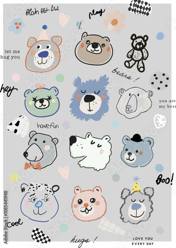 Collection of hand drawn cute bears