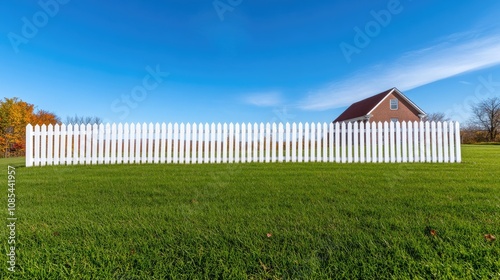 Charming colonial brick house framed by a white picket fence and vibrant green lawn during a sunny fall day