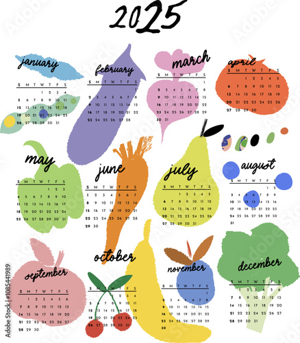 Wall Calendar 2025. Cute printable creative template with vegetables fruits and berries