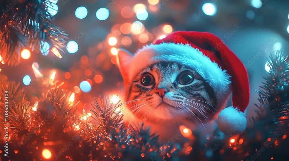 Christmas background, a photo of a cat wearing Santa Claus' hat, with colorful lights in the background Christmas background, a photo of a cat wearing Santa Claus' hat, with colorful lights in the background