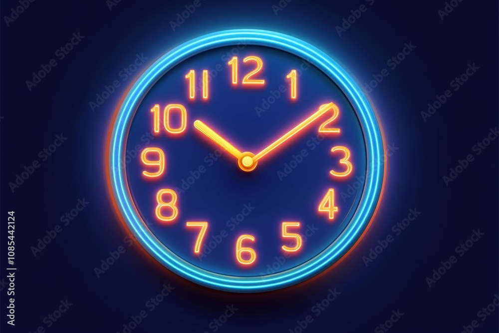 A futuristic digital clock light effect. A glowing silhouette of a clock representing time. Background laser blue neon clock vector illustration