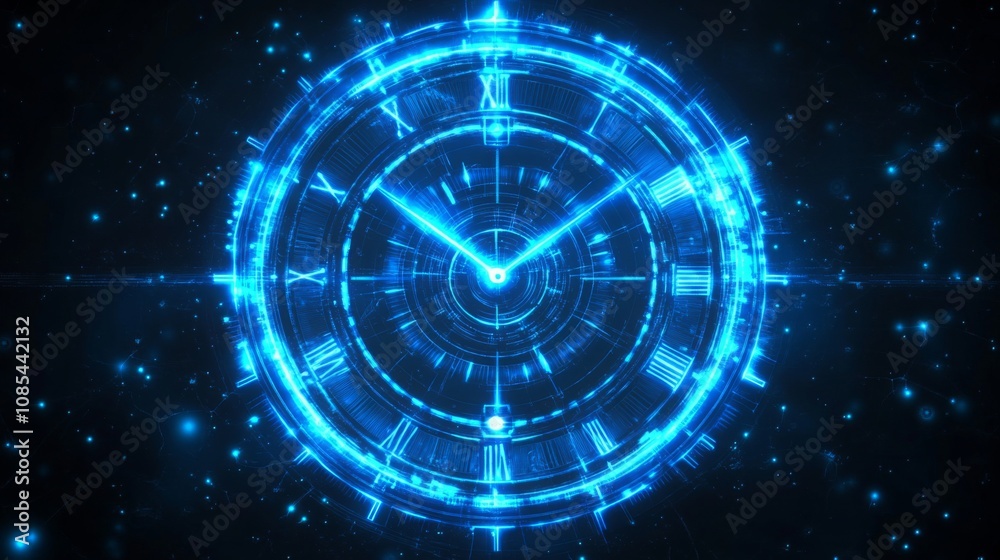 A futuristic digital clock light effect. A glowing silhouette of a clock representing time. Background laser blue neon clock vector illustration A futuristic digital clock light effect. A glowing silhouette of a clock representing time. Background laser blue neon clock vector illustration