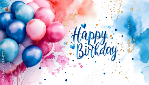 A vibrant composition of pink and blue balloons against a watercolor splash background, perfect for birthday celebrations and party invitations. photo