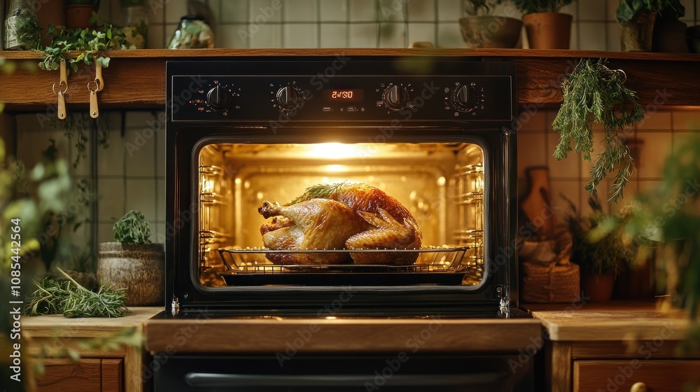 Roast turkey cooking in a warm kitchen oven. Roast turkey cooking in a warm kitchen oven.