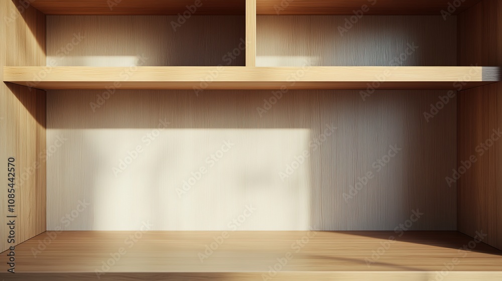 Fototapeta premium Front View of a Large Empty Open Cupboard Zoomed In, Highlighting Minimalistic Design and Spacious Storage Capacity.