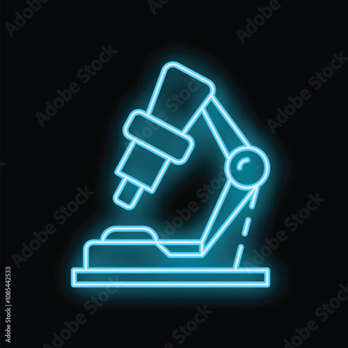 Blue neon icon of a microscope glowing against a dark background, representing scientific exploration and discovery