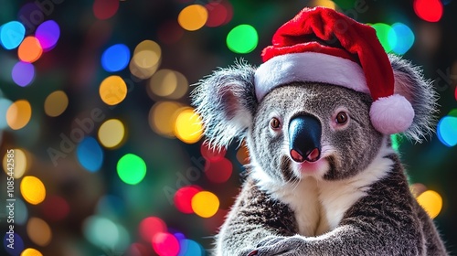 Christmas background, a photo of a koala wearing Santa Claus' hat, with colorful lights in the background photo