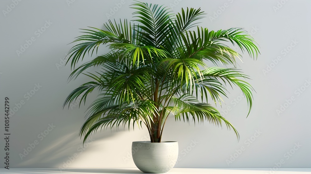 Fototapeta premium A large palm tree is sitting in a white pot on a white wall