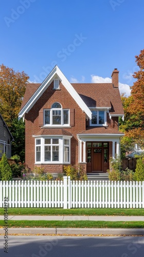 Charming brick house with a brown roof and white picket fence surrounded by vibrant autumn foliage on a sunny day