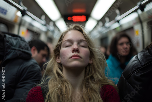 A young woman with closed eyes stands quietly amidst a crowded subway, capturing a moment of calm and serenity during the hustle of city life.

