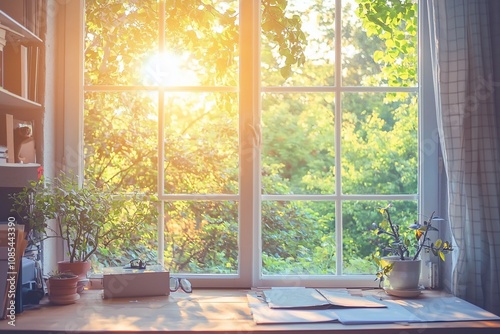 Wallpaper Mural A Serene Morning: Sunlight Streaming Through a Cozy Workspace Window Torontodigital.ca