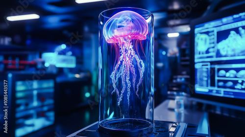 A jellyfish specimen floating inside a glass tube for experimental research in a modern laboratory. Animal testing concept