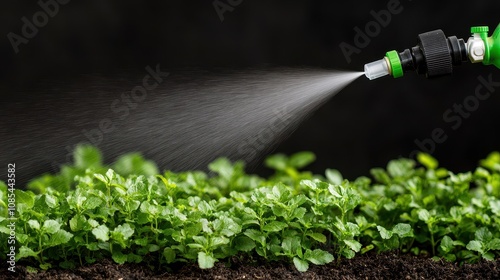 weed control organic herb spray Concept Misting Weed Killer Over an Overgrown Garden to Control Unwanted Vegetation and Promote Healthy Growth in a Lush Green Environment photo