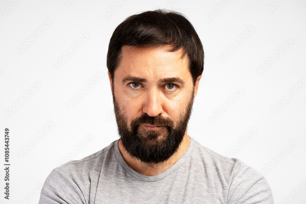 Serious bearded man looking directly at camera on white background Serious bearded man looking directly at camera on white background