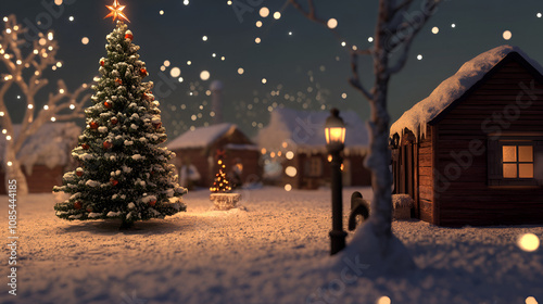 A peaceful Christmas village illuminated by warm lights, featuring a decorated tree, cozy cabins, and a serene snow-covered landscape.