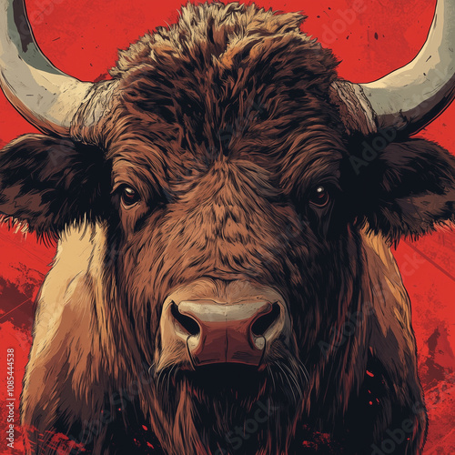 Portrait of a bull on a red background, created in a modern artistic style