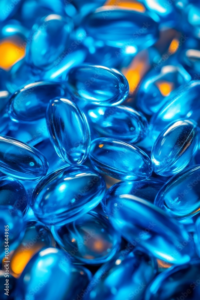 Close-Up of Vibrant Blue Softgel Capsules in a Pile, Showcase of Health and Wellness Products. Close-Up of Vibrant Blue Softgel Capsules in a Pile, Showcase of Health and Wellness Products.