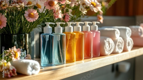 Colorful bottles and towels in a floral setting.