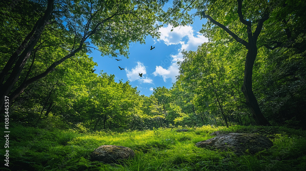 Fototapeta premium Lush green forest with trees, rocks, and birds flying in blue sky during daytime in spring