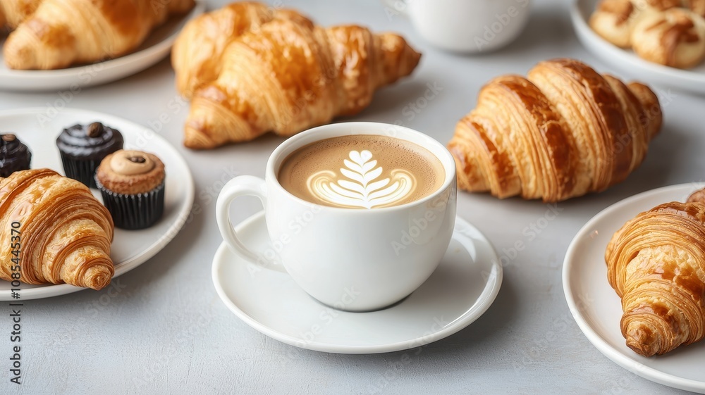 A cozy breakfast scene featuring a cup of coffee with latte art, surrounded by croissants and small pastries on white plates. A cozy breakfast scene featuring a cup of coffee with latte art, surrounded by croissants and small pastries on white plates.