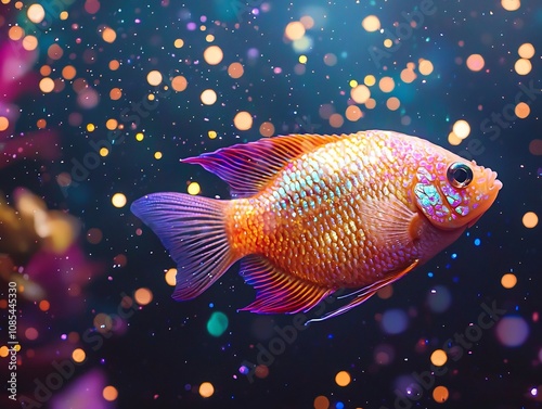 Celestial Themed Aquarium with Glowing Pearl Gourami Fish  Reflective Scales under Starlit LED Lights  Ornamental Fish Concept photo